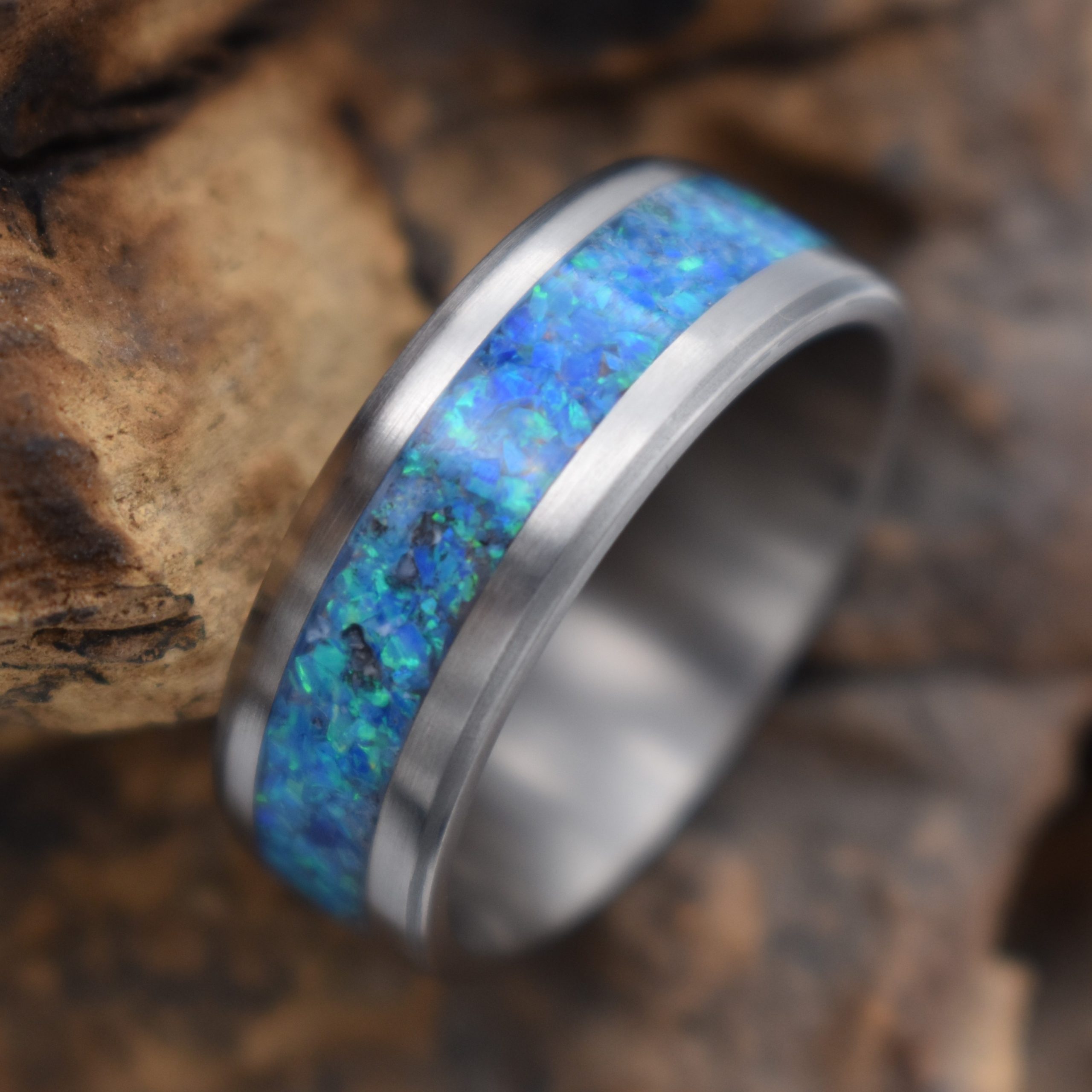 Simulierte Blaue Opal Inlay Paare Titan Ehering Ring Für Männer Für Frauen Silber Ton 8Mm